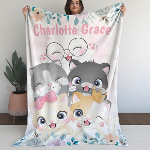 Oh So Girly Cute Happy Kitten Friends Floral Name Fleece Blanket
