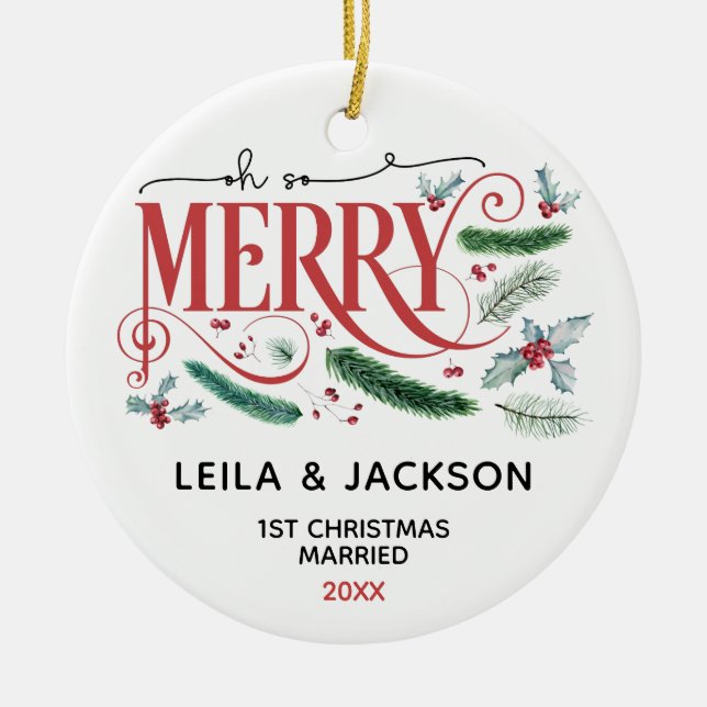 Oh So Merry Holiday Christmas Couple Ceramic Ornament (Front)