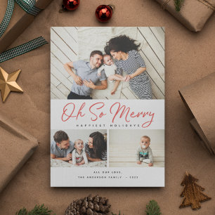 Oh So Merry Red Script Collage 3 Photo Christmas Holiday Card