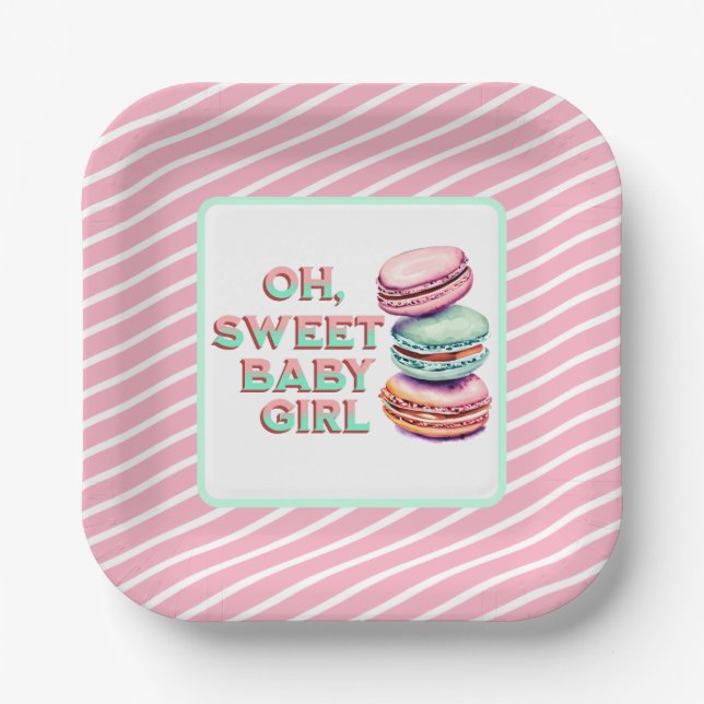 Oh Sweet Baby Girl Macaron Themed Baby Shower Paper Plate (Front)