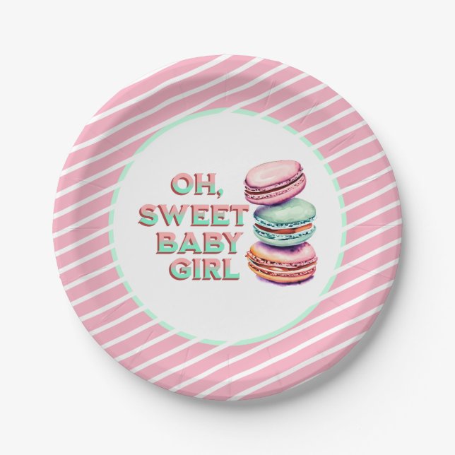 Oh Sweet Baby Girl Macaron Themed Baby Shower Paper Plate (Front)