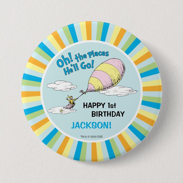 Oh, The Places He'll Go! - First Birthday 7.5 Cm Round Badge (Front)