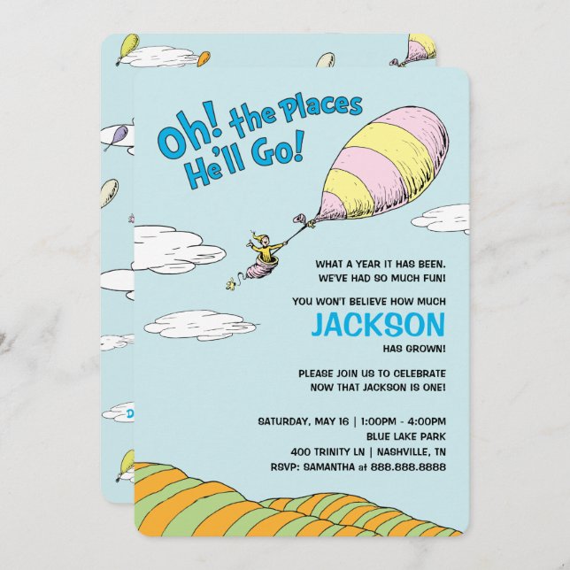 Oh, The Places He'll Go! - First Birthday Invitation (Front/Back)