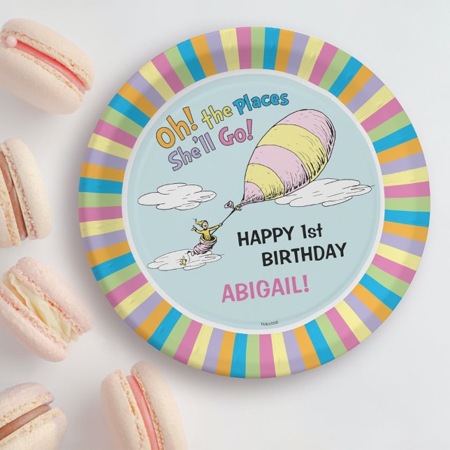 Oh, The Places She'll Go! - First Birthday Paper Plate (Plate on table)