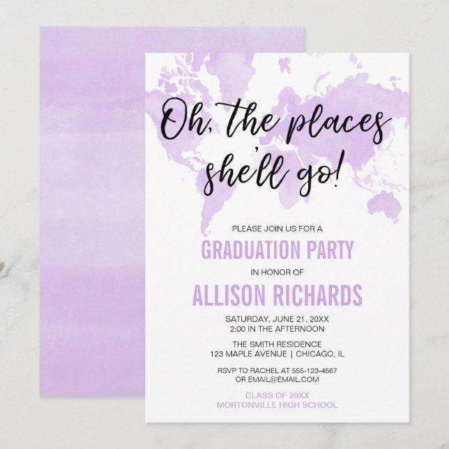 Oh the places she'll go purple graduation party invitation (Front/Back)