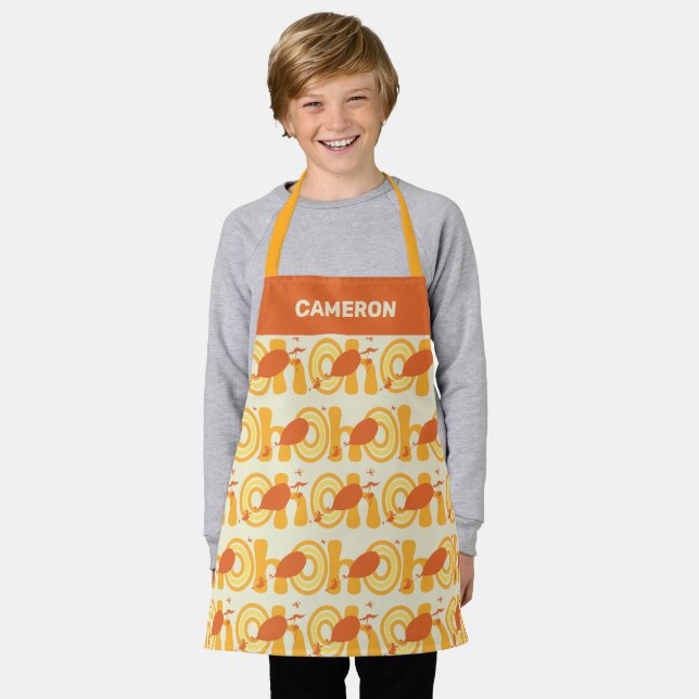 Oh, the Places You'll Go | Orange Text Pattern Apron (Worn)