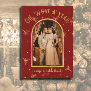 Oh What A Year Elegant Photo Arch Red and Gold Holiday Card