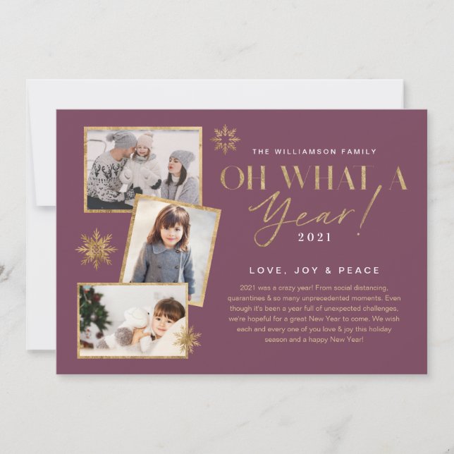 Oh What a Year! Year in Review Gold & Plum 3 Photo Holiday Card (Front)