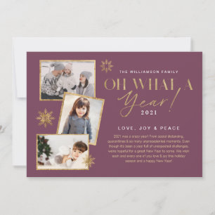 Oh What a Year! Year in Review Gold & Plum 3 Photo Holiday Card