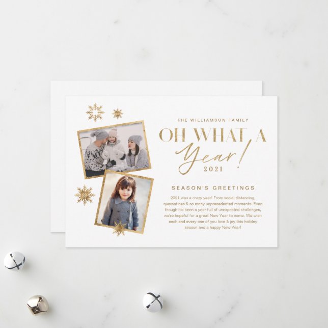 Oh What a Year! Year in Review Gold White 2 Photo Holiday Card (Front/Back In Situ)