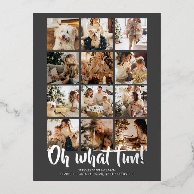 Oh What Fun 12 Photo Christmas Foil Holiday Postcard (Front)