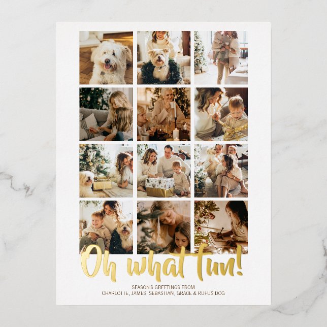 Oh What Fun 12 Photo Christmas  Foil Holiday Postcard (Front)