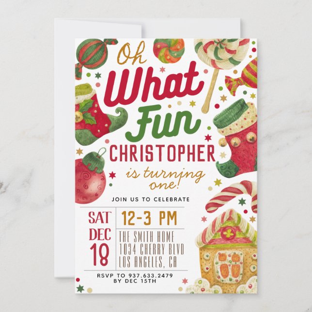Oh What Fun 1st Birthday Christmas Invitation (Front)
