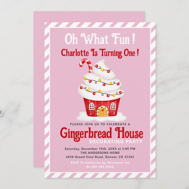 Oh What Fun! 1st Birthday Gingerbread Candy Cane Invitation (Front/Back)