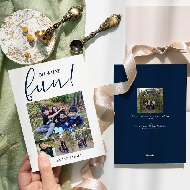 Oh What Fun 5 Photo Collage Navy Blue Christmas Holiday Card (Creator Uploaded)