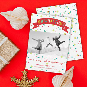 Oh What Fun Banner Colourful Confetti Dots Photo Holiday Card