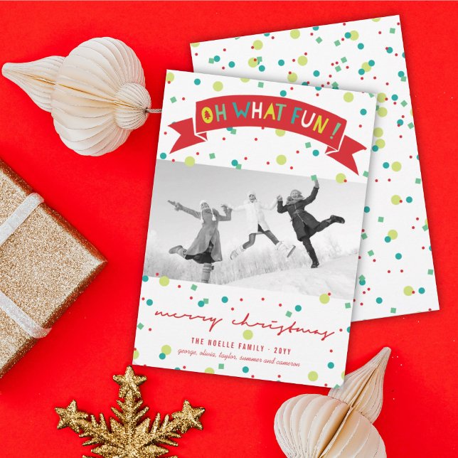 Oh What Fun Banner Colourful Confetti Dots Photo Holiday Card (Creator Uploaded)