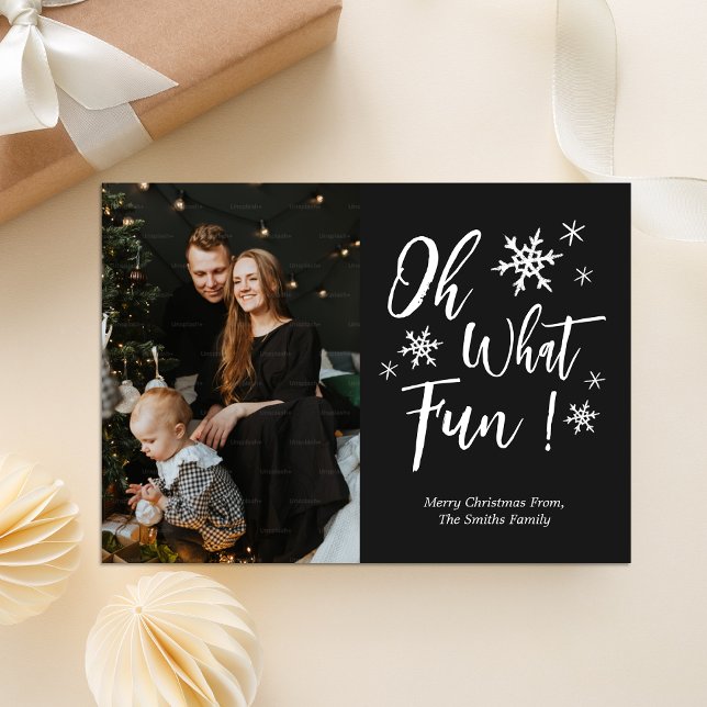 Oh What Fun Black Calligraphy Snowflakes Photo Holiday Card (Creator Uploaded)