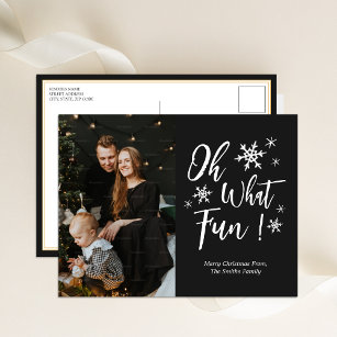 Oh What Fun Black Calligraphy Snowflakes Photo Holiday Postcard