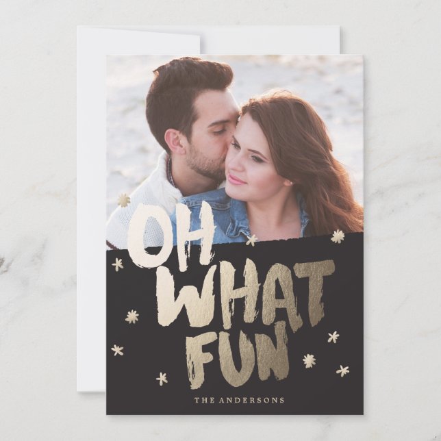 OH WHAT FUN black photo christmas greeting card (Front)