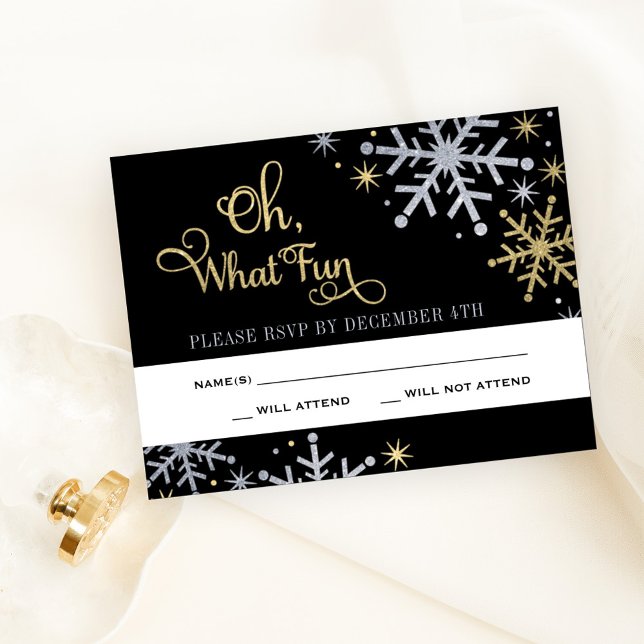 Oh What Fun Black Silver Gold Snowflake RSVP Card (Creator Uploaded)