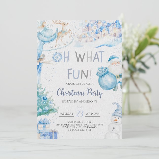 Oh What Fun Blue Christmas Party Invitation (Standing Front)