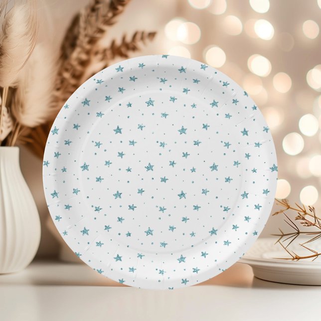 Oh what fun blue glitter stars snowflakes birthday paper plate (Creator Uploaded)