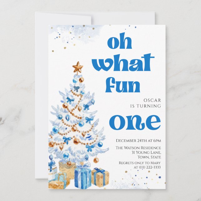 Oh what fun Blue tree christmas birthday  Invitation (Front)