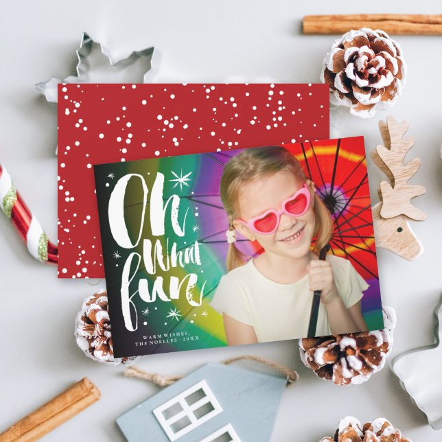Oh What Fun Brush Script Sparkling Stars Fun Photo Holiday Card (Creator Uploaded)