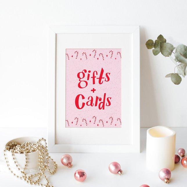Oh what fun Candy Cane Pink gifts and Cards sign (gifts and cards sign with candy canes on pink background. Shown in a white frame
)