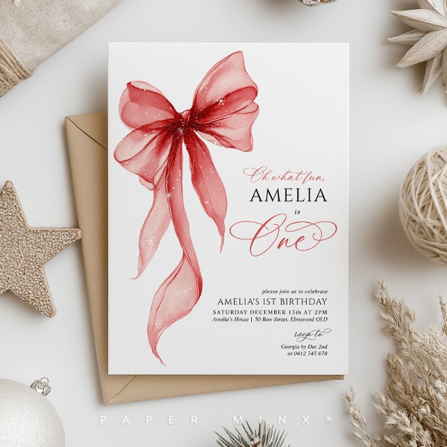 Oh What Fun Christmas 1st Birthday Party Girl Invitation (Girls Christmas themed 1st birthday invitation with red bow. )