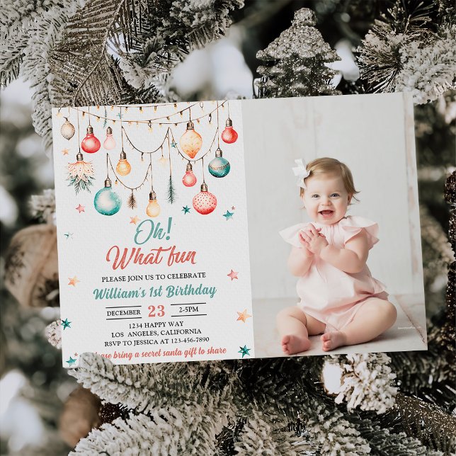 Oh What Fun!Christmas Ball Ornament Birthday Photo Invitation (Creator Uploaded)