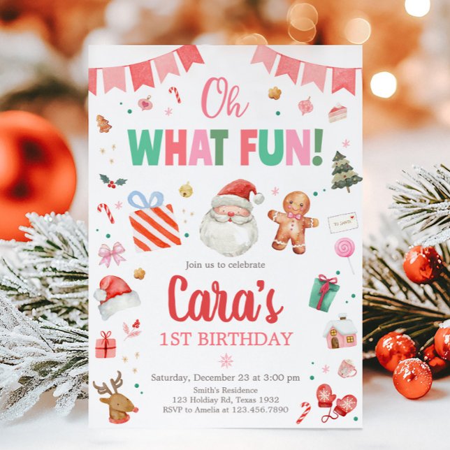 Oh What Fun Christmas Birthday Party Invitation (Oh What Fun Santa Christmas Birthday Party Invitation)