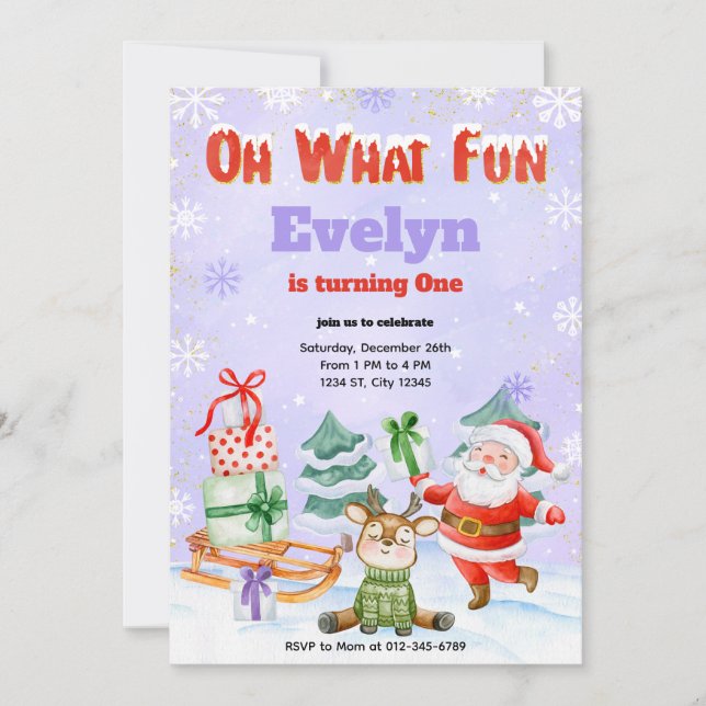 Oh What Fun Christmas Birthday Party Invitation (Front)