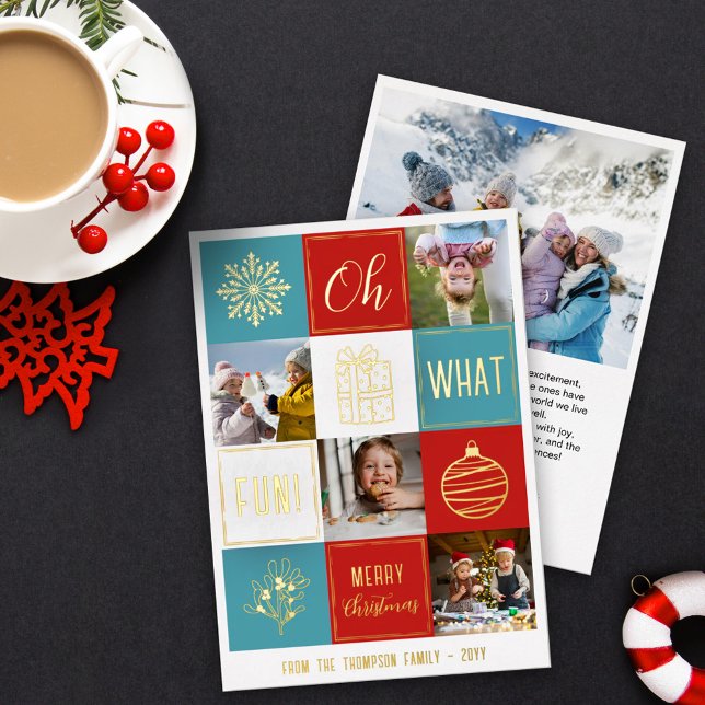 Oh What Fun! Christmas Collage Snapshots Gold Foil Holiday Card (Creator Uploaded)