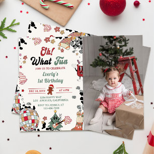 Oh What Fun Christmas Disco Ball Birthday Photo Invitation