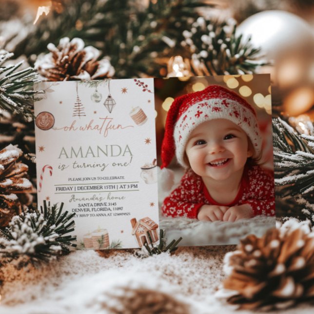 Oh What Fun Christmas First Birthday Photo Invitation (Creator Uploaded)