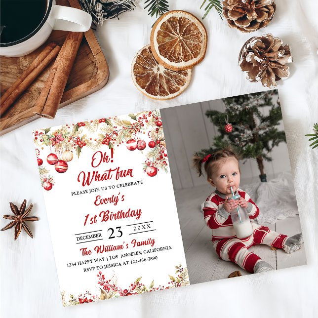 Oh What Fun! Christmas Floral Birthday Party Photo Invitation (Creator Uploaded)