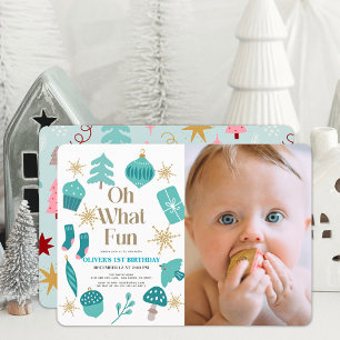 Oh What Fun Christmas Green 1st Birthday Photo Invitation
