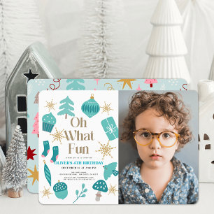 Oh What Fun Christmas Green Birthday Photo Invitation