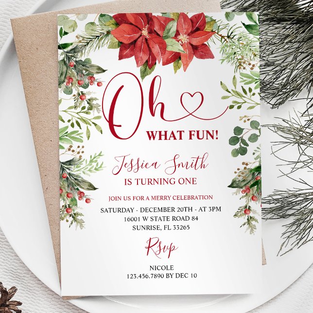Oh What Fun Christmas Greenery Birthday Party Invitation (Creator Uploaded)