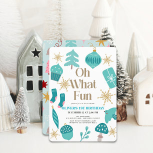 Oh What Fun Christmas Motifs Green 1st Birthday Invitation