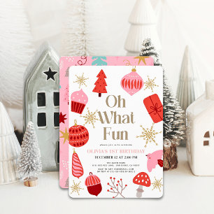 Oh What Fun Christmas Motifs Pink 1st Birthday Invitation