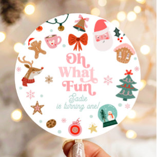 Oh What Fun Christmas Party Girl 1st Birthday  Classic Round Sticker
