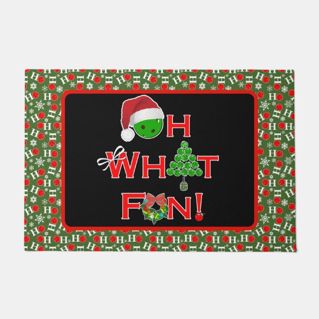 Oh What Fun Christmas Pickleball Green and White Doormat (Front)