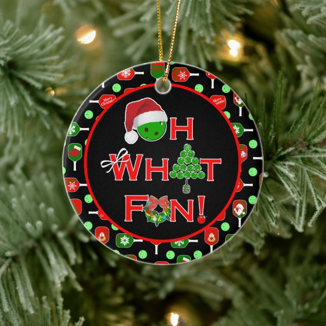 Oh What Fun Christmas Pickleball Paddles Black Ceramic Ornament (Tree)