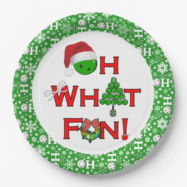 Oh What Fun Christmas Pickleball Party Green Ho Ho Paper Plate (Front)