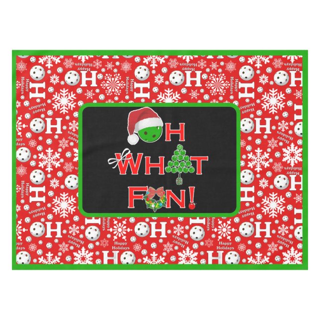 Oh What Fun Christmas Pickleball Snowballs on Red Tablecloth (Front (Horizontal))
