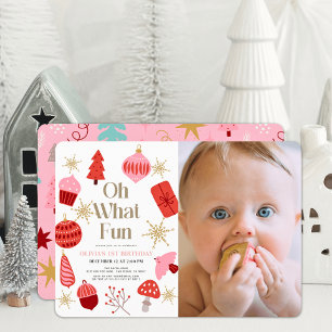 Oh What Fun Christmas Pink 1st Birthday Photo Invitation