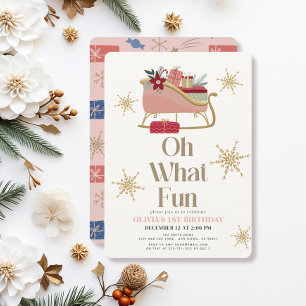 Oh What Fun Christmas Pink Sleigh 1st Birthday Invitation